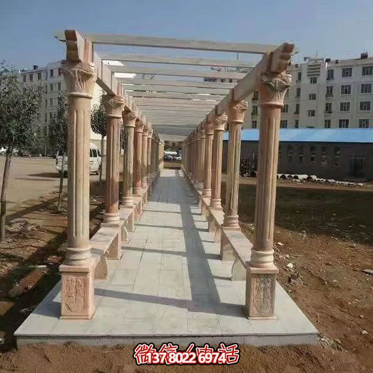 學(xué)院廣場(chǎng)擺放晚霞紅花架長(zhǎng)廊涼亭