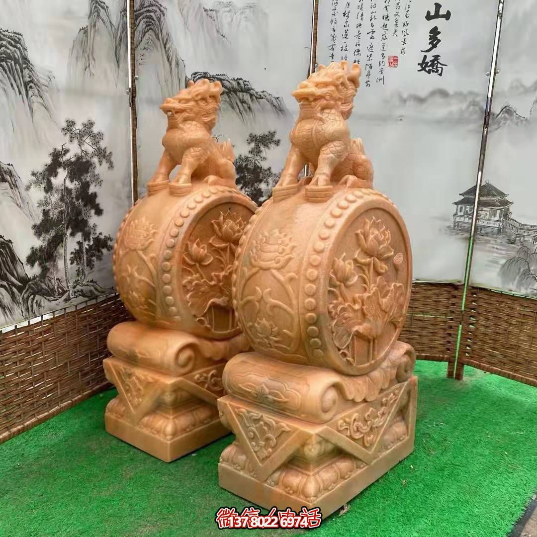 麒麟抱鼓石，晚霞紅荷花門墩