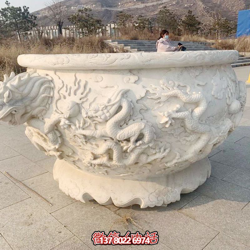 戶(hù)外庭院漢白玉石雕龍浮雕缸雕塑